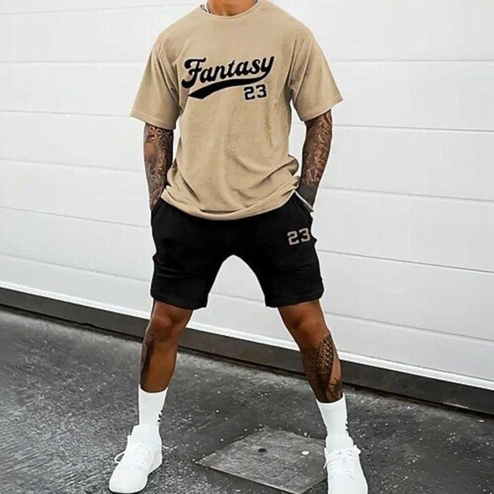 Fantasy 23 Men's Beige & Black Two Piece Shirt Shorts Set